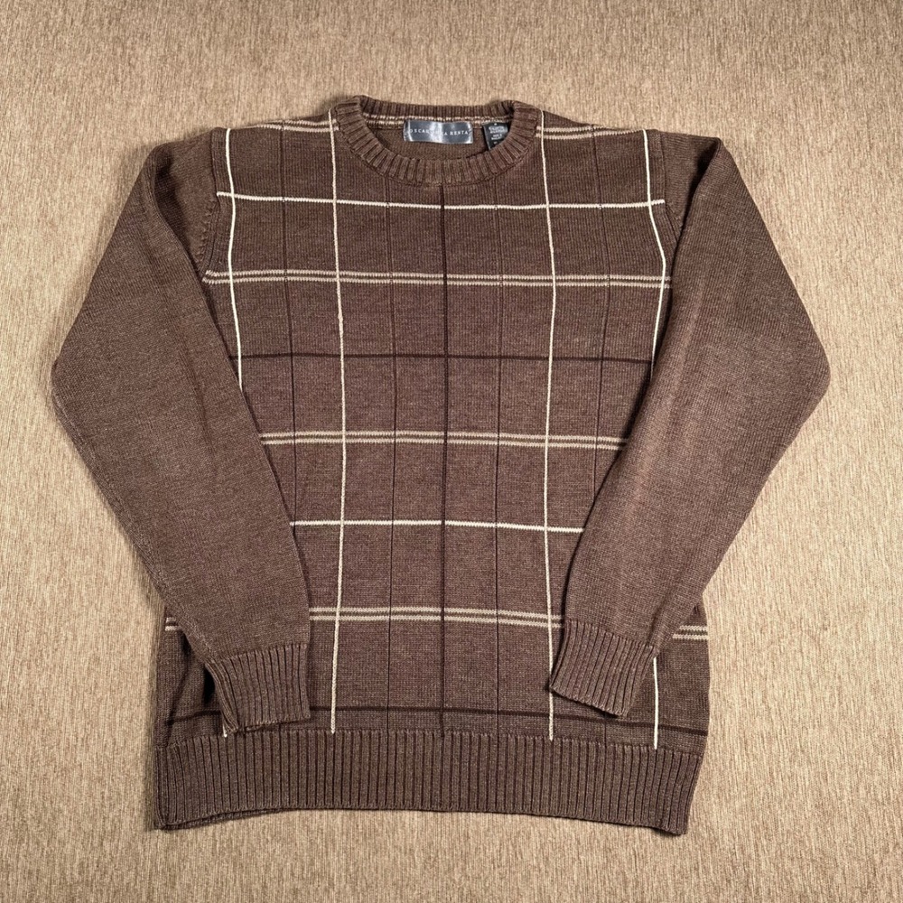 Oscar de la Renta Mens Brown Windowpane Grid Crewneck Sweater Size M